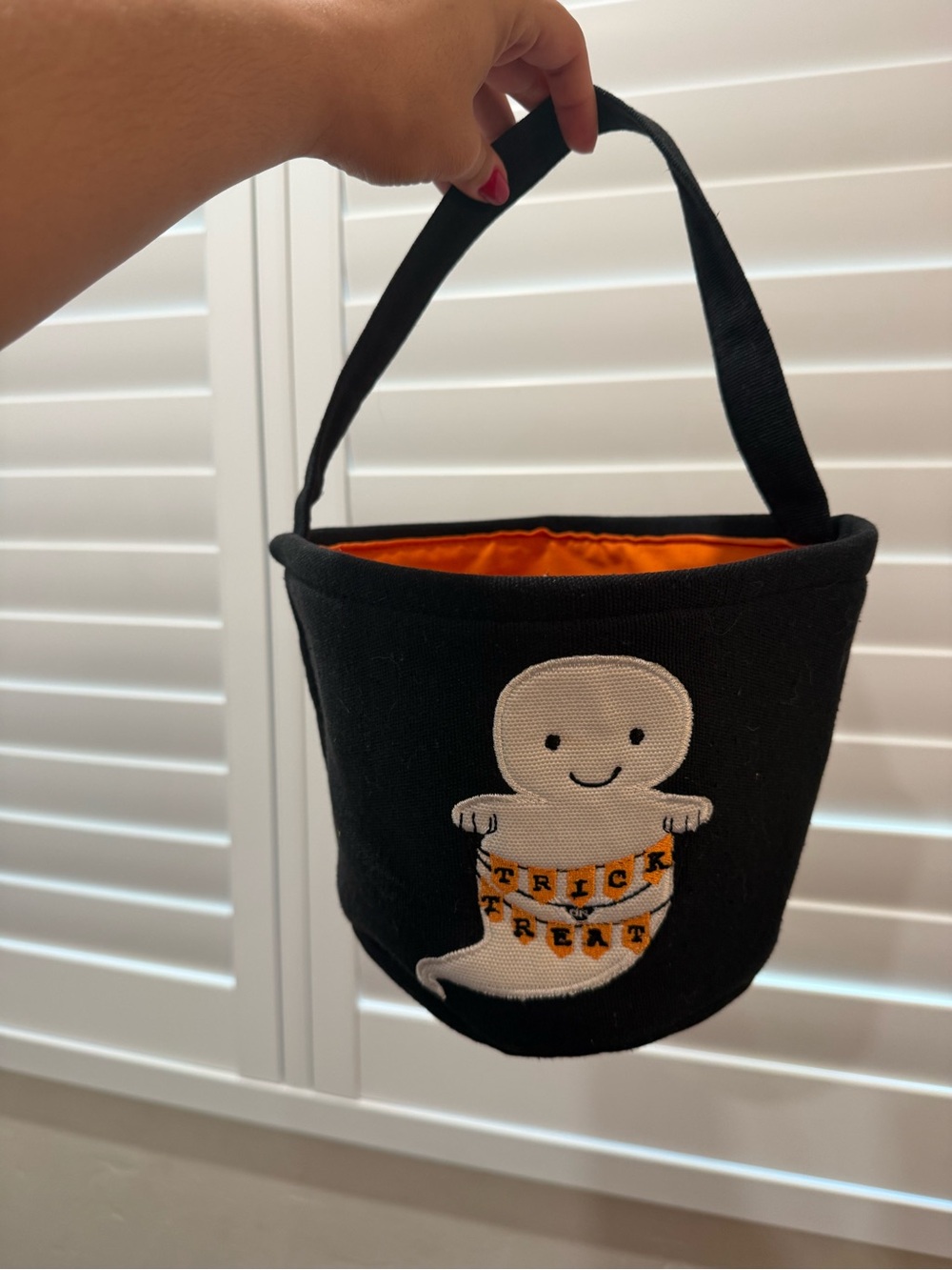 Kids Black Halloween Trick or Treat Bucket with Orange Lining